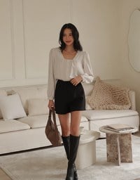 Long Sleeve Square Neck Button Up Side Drawstring Top