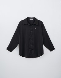 Basic Long Sleeve Button Up Straight Blouse With Air Space Logo Embroidered