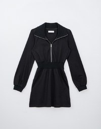 Collared Sweatshirt Dress with Pockets and Zipper Closure