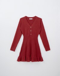 V Neck Cinched Waist  Pleated Knitted Mini Dress