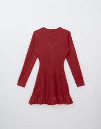 V Neck Cinched Waist  Pleated Knitted Mini Dress