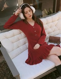 V Neck Cinched Waist  Pleated Knitted Mini Dress