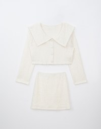 Fluffy Sailor Collar Button Up Knit Top With Plain Fluffy Mini Skirt Set Wear