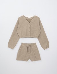 Regular Fitted V Neck Ribbed Long Sleeve Knit Top And Shorts Set Wear