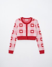 Heart Shape Checkered Button Front Knit Top