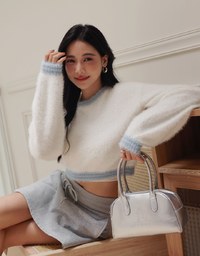 Long Sleeve Mohair Edge Trimmed Cropped Sweater