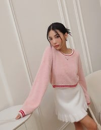 Long Sleeve Mohair Edge Trimmed Cropped Sweater