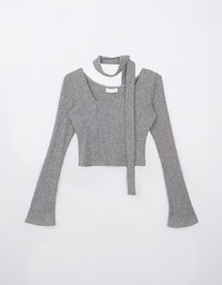 Asymmetric Bell Sleeve Knit Top (with Scarf)