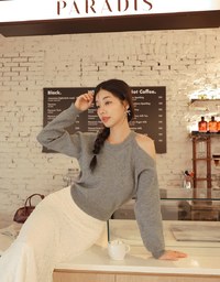 Solid Color One Shoulder Cut Out Knit Sweater Top