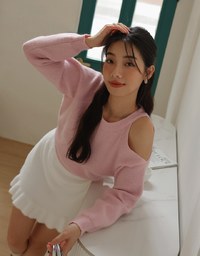 Solid Color One Shoulder Cut Out Knit Sweater Top