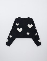 Crew Neck Heart Embossed Knitted Sweater