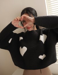 Crew Neck Heart Embossed Knitted Sweater