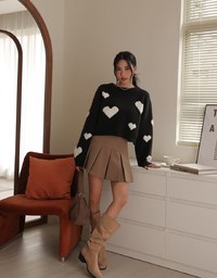 Crew Neck Heart Embossed Knitted Sweater