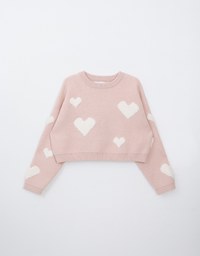 Crew Neck Heart Embossed Knitted Sweater