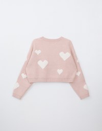 Crew Neck Heart Embossed Knitted Sweater