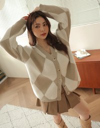 Argyle Printed Button Up Knitted Cardigan