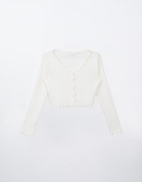 Pearl Button Ruffle Trim Heavyweight Knitted Top