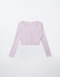 Pearl Button Ruffle Trim Heavyweight Knitted Top