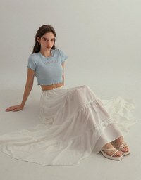 Sheer Lace Bow Embellished Ruffle Hem Cropped Top