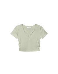 V Neck Side Ruched Ribbed Short Sleeve Top