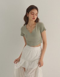 V Neck Side Ruched Ribbed Short Sleeve Top