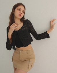 Knit Round Neckline Sheer Ruffle Hem Button Cardigan