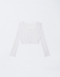 Knit Round Neckline Sheer Ruffle Hem Button Cardigan