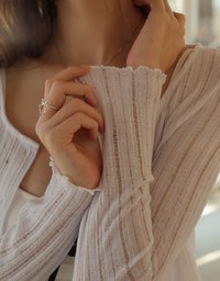 Knit Round Neckline Sheer Ruffle Hem Button Cardigan