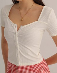 Classic Square Neck Button Up Ribbed Top