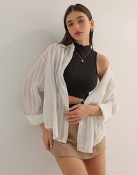 Collared Sheer Striped Long Sleeve Blouse