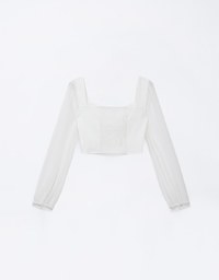 Sweetheart Neckline Sheer Latern Sleeve Patchwork Top