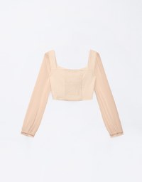 Sweetheart Neckline Sheer Latern Sleeve Patchwork Top