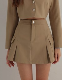 Solid A Line Pleated Mini Skirt With Pockets Details