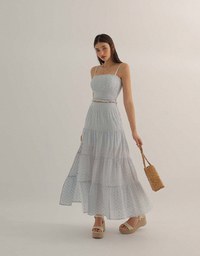 Lace Embroidered Shirred Detail Tiered Maxi Skirt