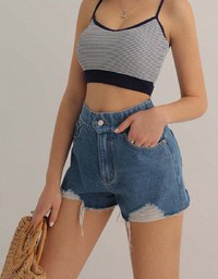 Distressed Frayed Hem Jeans Denim Shorts With Pockets