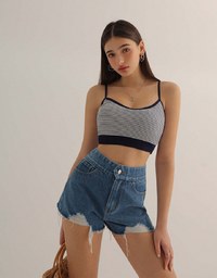 Distressed Frayed Hem Jeans Denim Shorts With Pockets