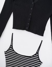 Buttoned Ribbed Cardigan with Striped Cami Top Set Wear