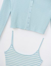 Buttoned Ribbed Cardigan with Striped Cami Top Set Wear