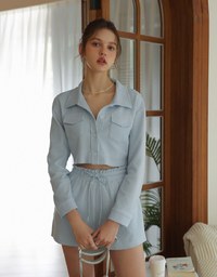 Casual Button Up Textured Cropped Blouse and Elastic Shorts Set Wear