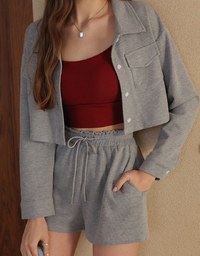 Casual Button Up Textured Cropped Blouse and Elastic Shorts Set Wear