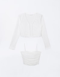 Ruffled Open Front Cardigan and Ruched Cami Padded Top Set Wear