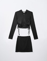 SET WEAR with Hooded Jacket Top and Mini Skirt Set with Draw Strings ( With Elastic Waist and Under Shorts Skort )