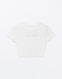 Sheer Lace Bow Embellished Ruffle Hem Cropped Top