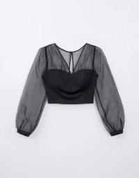 Long Sleeve Front Sheer Patchwork Padded Top