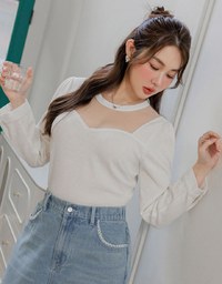 Sweetheart Neck Sheer Patchwork Top