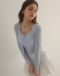 Knit Round Neckline Sheer Ruffle Hem Button Cardigan