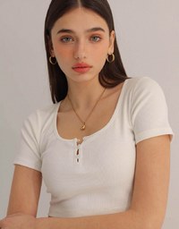 Slim Fit Button Up U Neck Ribbed Crop Top