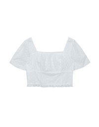 Lace Embroidered Shirred Detail Square Neck Crop Top