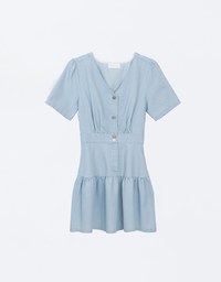 Classic Denim Ruffle Hem V Neck Mini Dress