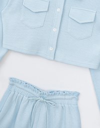 Casual Button Up Textured Cropped Blouse and Elastic Shorts Set Wear